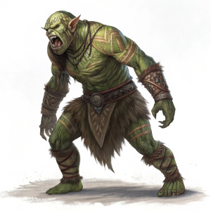 Orc-like being with tusked mouth, green-brown skin, and intricate patterns. Aggressive stance. Shot against a stark white background.