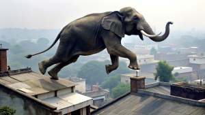 an elephant jumping from one rooftop onto another, both rooftops are visible