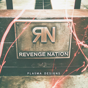 The Revenge Nation logo by Plasma Designs showcases 'RN' in sleek, bold typography. Set against a black backdrop with dynamic, flowing lines. Dominated by a dark palette with striking red highlights.