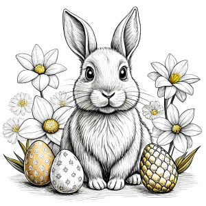 clean vector illustration for kids coloring, Easter bunny with Easter eggs and a lot of spring flowers, one closed lines,  professionally detailed, black and white, white background