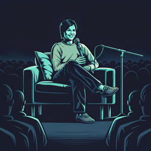 Ross Butler, an Asian male with dark hair, appears on a podcast live show. Wearing casual attire: tan sweater, black pants, and brown loafers. Studio audience present.