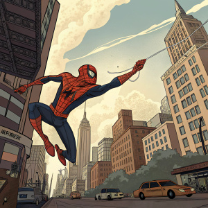 Spider-Man swinging through the streets of New York City, dynamic poses, vivid comic book style background