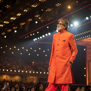 Amitabh Bachchan, dressed in a vibrant orange sherwani, at the filmfare awards. Crowded auditorium with flashing lights
