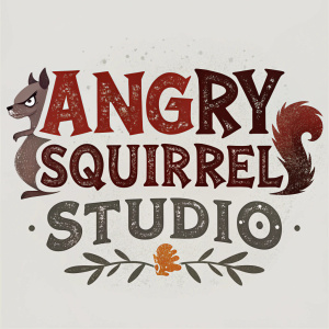 Logo design for 'Angry Squirrel Studio'. A bold, grungy font in shades of red and brown. Web address beneath. Neutral grey background.