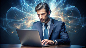 sensacional imagen de un moderno millonario teniendo telepatia con un pc