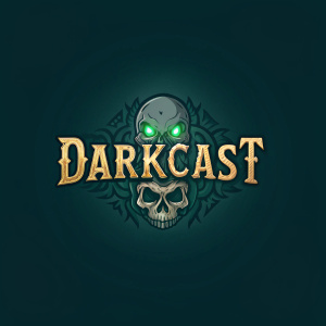 A digital logo design for DarkCast. The design features a skull with glowing eyes and the text 'DarkCast' overlayed in an old, rustic font. Set against a dark green backdrop.