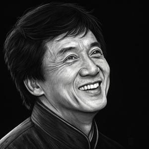 Detailed charcoal sketch of Jackie Chan. Depicting his smiling face. Set against a black background to highlight his intricate facial features.