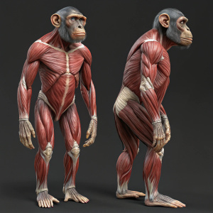 Detailed 3D renderings of a chimpanzee's anatomy, showcasing the intricate muscle structure from various perspectives.