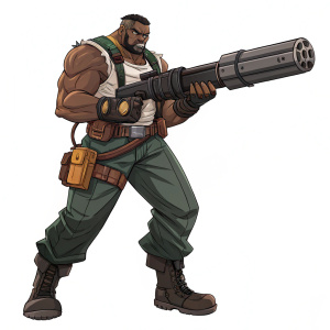 Illustration of Barret Wallace from Final Fantasy VII. He's a muscular, brown-skinned character with a determined expression, holding a massive gun.