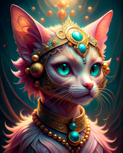 a magical pink and golden cat wearing a pearl crown