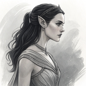 A charcoal drawing of a female elf. The elf has a determined look. Long black hair tied back. The sketch highlights her intricate features and elegant dress. Simple background
