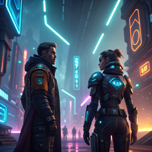 Illustration of characters from Titansgrave: The Ashes of Valkona. Futuristic setting with advanced technology and mechanical elements. Brightly lit background