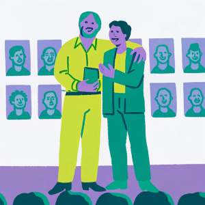 Rob Reiner and Nick Reiner center stage during a book launch event, surrounded by Charlie posters.