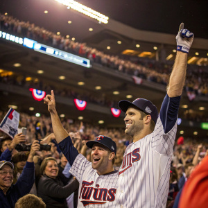 Brian Dozier and Joe Mauer celebrating after winning the championship game. The stadium is packed with cheering fans.