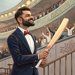 Virat Kohli, in formal attire, at a book launch event. Holding cricket bat and smiling. Crowd of fans in the background.