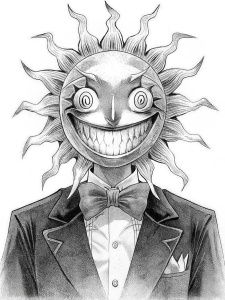 Manga character, a humanoid demon, with a sun instead of a head, huge detailed eyes and a big smile, dressed in a tuxedo