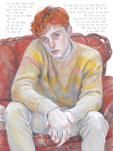 Polaroid photo of a 17   
 teenage male,Squatting on the sofa, staring at the camera with a very focused gaze, wearing a yellow sweater,2001. Tight close up. Writing lyrics