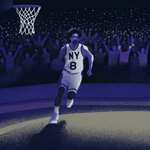 Robin Lopez, basketball player, sprinting towards the hoop. White jersey with NY and number 8. Crowd cheering