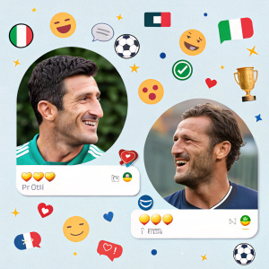 Twitter chat in Italian featuring Luis Figo and Francesco Totti. Discussion about soccer. Lots of emojis