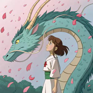 Chihiro, from the animated film Spirited Away, standing nervously beside a colossal serpent-like dragon with greenish-blue scales and golden horns. Pink rose petals fill the background.