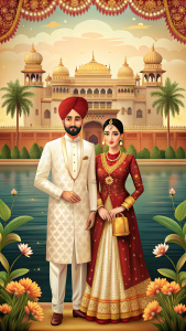 indian wedding card in westen wear of couple with a grand hotel background
