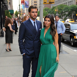Scott Disick, wearing a sharp navy suit, and Kourtney Kardashian, in a flowing emerald green dress, pose on a busy city street during a casual afternoon. Various people from all walks of life are passing by, giving them a mix of curious and indifferent glances.