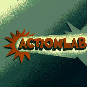 ActionLab logo, dynamic design with bold colors. Orange and brown text 'ActionLab' with vibrant, exploding graphic to the left.