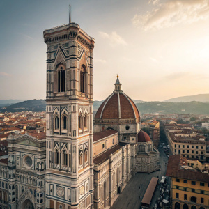 The majestic spire of Santa Maria del Fiore rises gracefully in Florence, showcasing intricate arches, columns, and stonework.