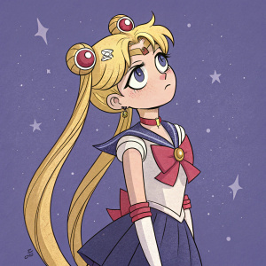 Illustration of Sailor Moon. Tired expression. Solid purple background with faint star patterns