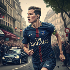 Julian Draxler, sprinting through a bustling city street. His PSG jersey, with the Fly Emirates logo, visible. Crowds and vehicles blurred in the background. Action shot.
