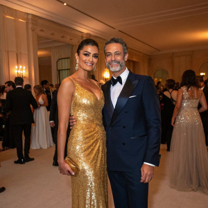 Juliana Paes and Carlos Eduardo Baptista at a gala. She is in a gold sequined dress, he in a navy tux. The room is packed with guests in evening wear, elegant gowns, and tuxedos. Soft lighting casts a warm glow.