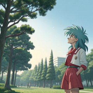 Digital art depicting Ryoko Hakubi from Tenchi Muyo. She stands in a park with tall trees and a clear blue sky above.