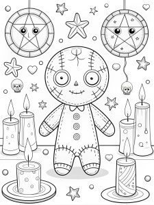 coloring page: A cute voodoo doll with button eyes, stitches, and pins, surrounded by spooky candles and eerie symbols in a dark room. white background, lineart