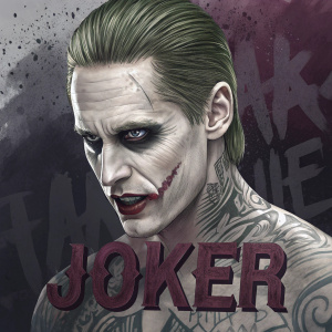 Jared Leto as Joker. His physique and face adorned with menacing makeup and tattoos. Set against a chaotic, dark abstract background with the word 'Joker' prominently displayed