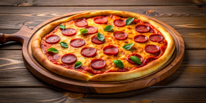 pepperoni pizza on wooden board.