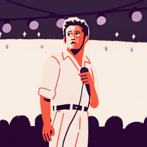 Close-up of Niall Horan during a solo concert. Worried face