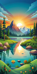 relaxing nature landscape, lake, hill or mountain, trees, meditation, peace, cartoon illustration, flat colors