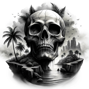 skull island tattoo design - perfect realistic art - high-definition - grey and black - white background 