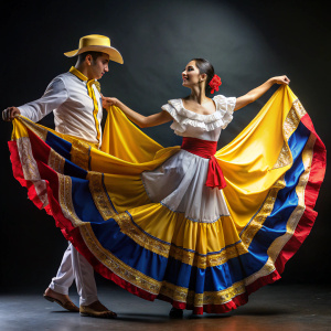 dos personas bailando con trajes tipicos colombianos, que en el traje de la mujer este la bandera de colombia, que el fondo sea negro muy oscuro   