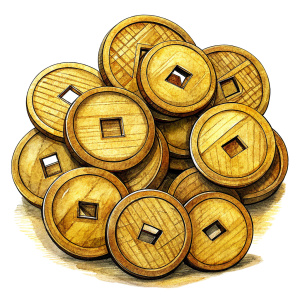 Bunch of  wooden coins, China