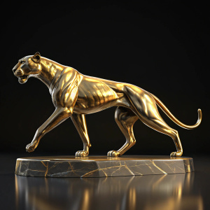 Digital rendering of a cheetah statue. Golden color, detailed musculature, dynamic pose, light reflections on dark background.