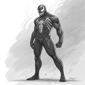 A detailed line-art sketch of Venom, a Marvel Comics character. Dark and imposing figure, standing alone. Venom's strong physique and fierce facial expression dominate the artwork. Set against a simple, uncluttered background.