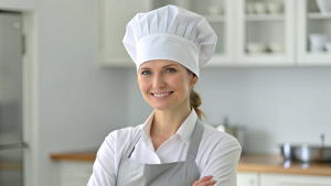 Caucasian young women chef in a chef's hat with arms crossed wears apron standing in restaurant kitchen and smiling