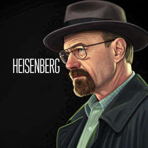 Walter White from Breaking Bad, serious face, glasses, beard, and fedora hat. Digital painting style, vibrant colors, against a black background. Text reads 'Heisenberg'