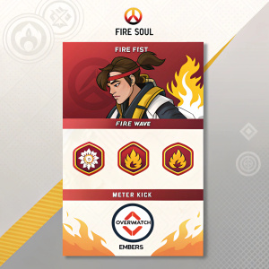 Graphic design poster showcasing Overwatch character, Fire Soul. Detailed icons representing abilities like Fire Fist, Fire Wave, Meteor Kick, and Embers. Below the illustration, the Overwatch logo is prominently displayed.