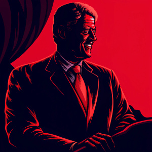 Former US President Bill Clinton smiling at the UN summit. Wears navy suit and yellow tie. Stark white background, soft lighting.