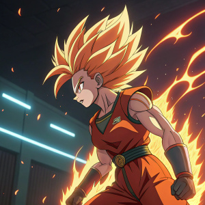 Kaulifla from Dragon Ball Super, engaged in fierce battle, flames surrounding her fiery hair. Dark cybernetic background with neon highlights
