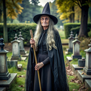 Señora anciana flaca, pelo largo, con vestido negro antiguo y capa negra, sombrero negro. En el cementerio. Con escoba de hierbas