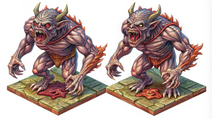 dark horror monster in 2d game in isometric view in multiply poses, 100% white background