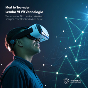 Imagen futurista de una persona usando equipo de realidad virtual. Bultel, líder en tecnología VR en Venezuela. Visite www.bultel.com para descubrir más. Fondo oscuro con líneas y nodos brillantes.